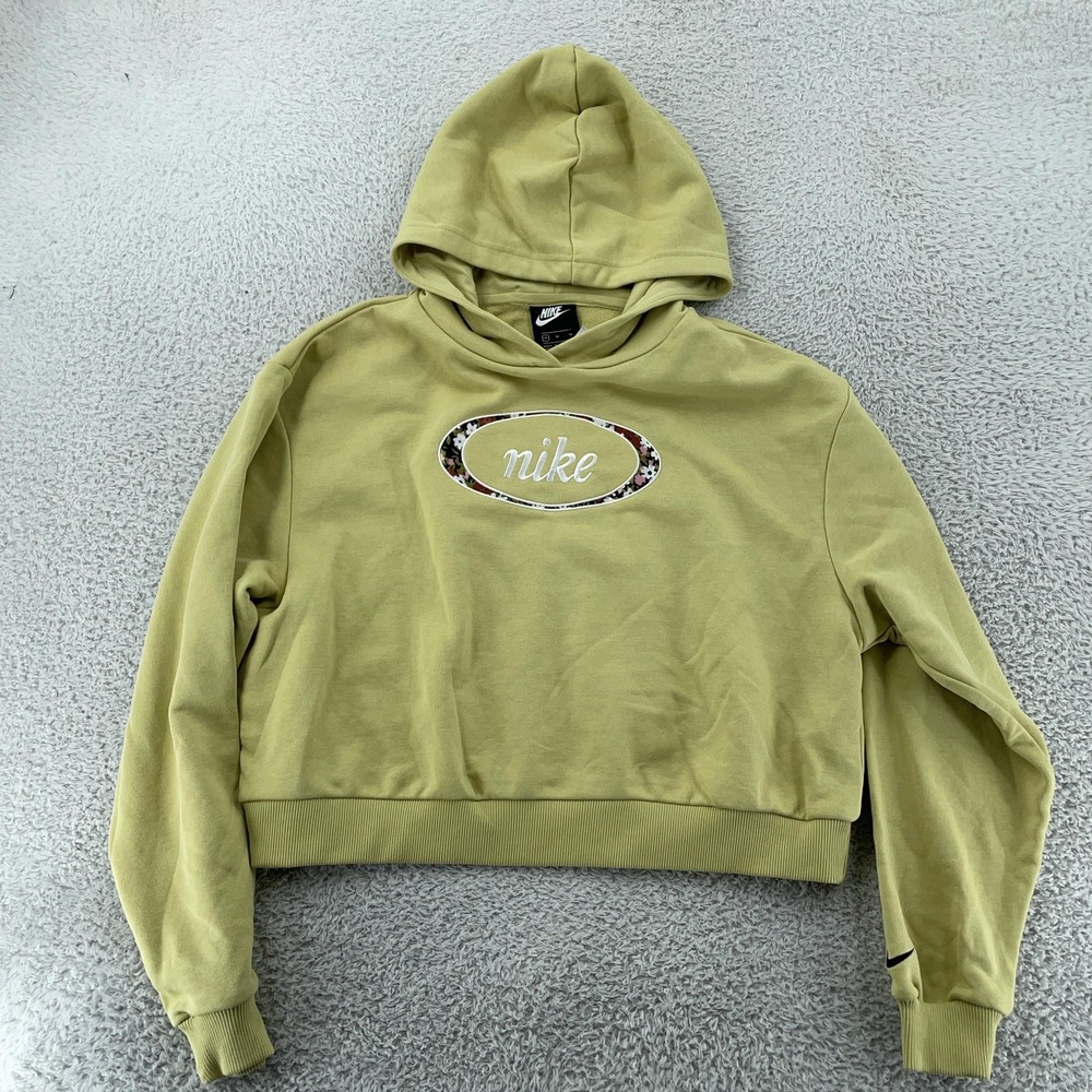 Nike Cropped Hoodie Womens Medium Mist Green Floral‎ Logo Sweatshirt DJ1084-318